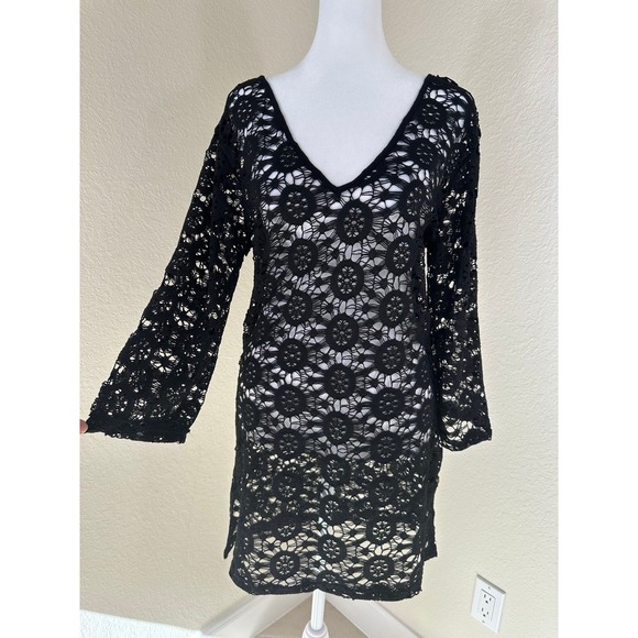 blue island Other - Blue Island Crochet Cover Up Women S Black Boho Beach V-Neck Coastal Resortwear